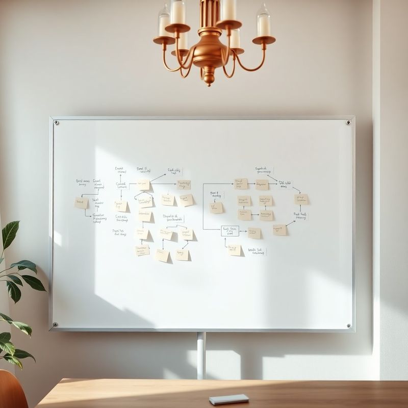 Whiteboard s diagramem procesu a barevnými lepicími bloky
